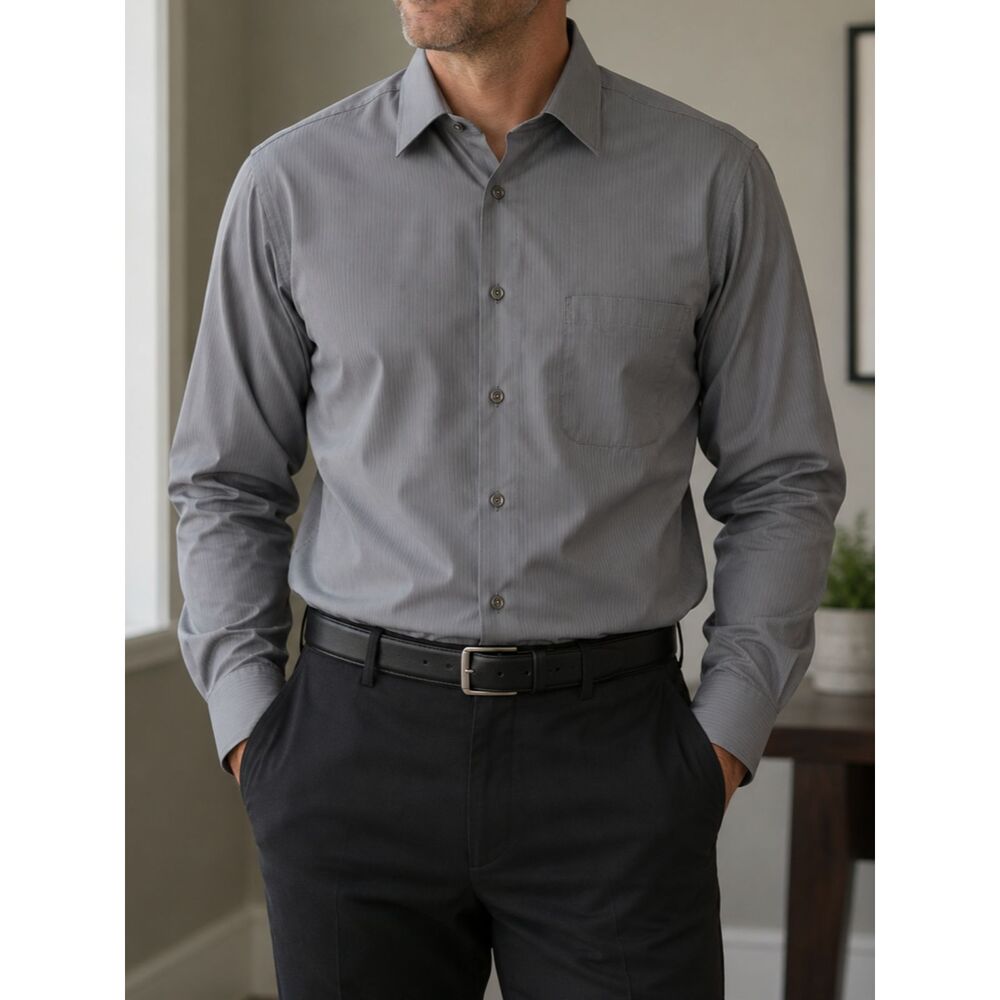 Geoffrey Beene Men's XL Gray Stripe Wrinkle Free Button Down Dress Shirt 17.5